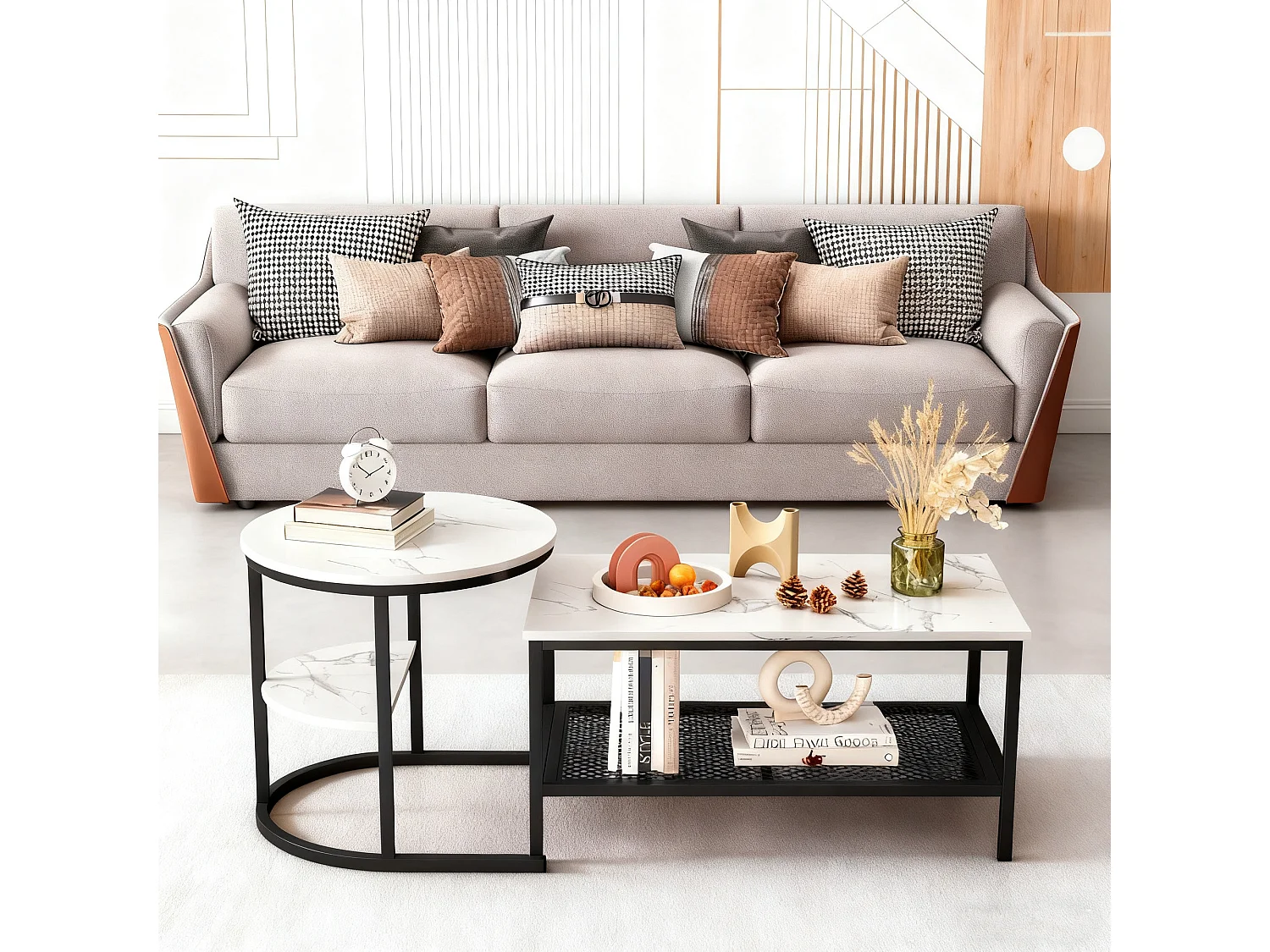 Lot de 2 tables basses gigognes - table d'appoint ronde et carrée - aspect marbre brillant - MDF et - métal - pour salon et chambre - Blanc + Noir