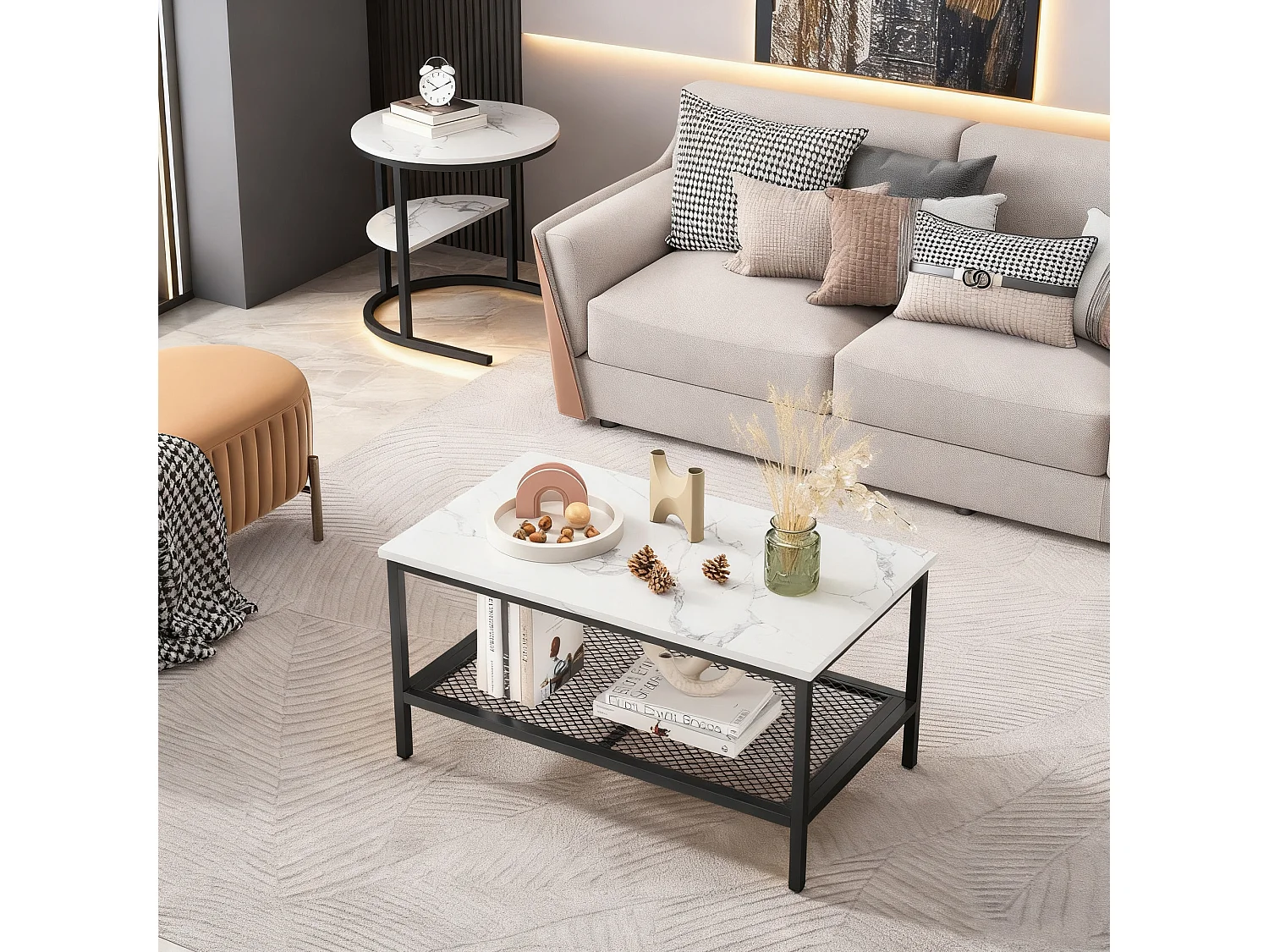 Lot de 2 tables basses gigognes - table d'appoint ronde et carrée - aspect marbre brillant - MDF et - métal - pour salon et chambre - Blanc + Noir