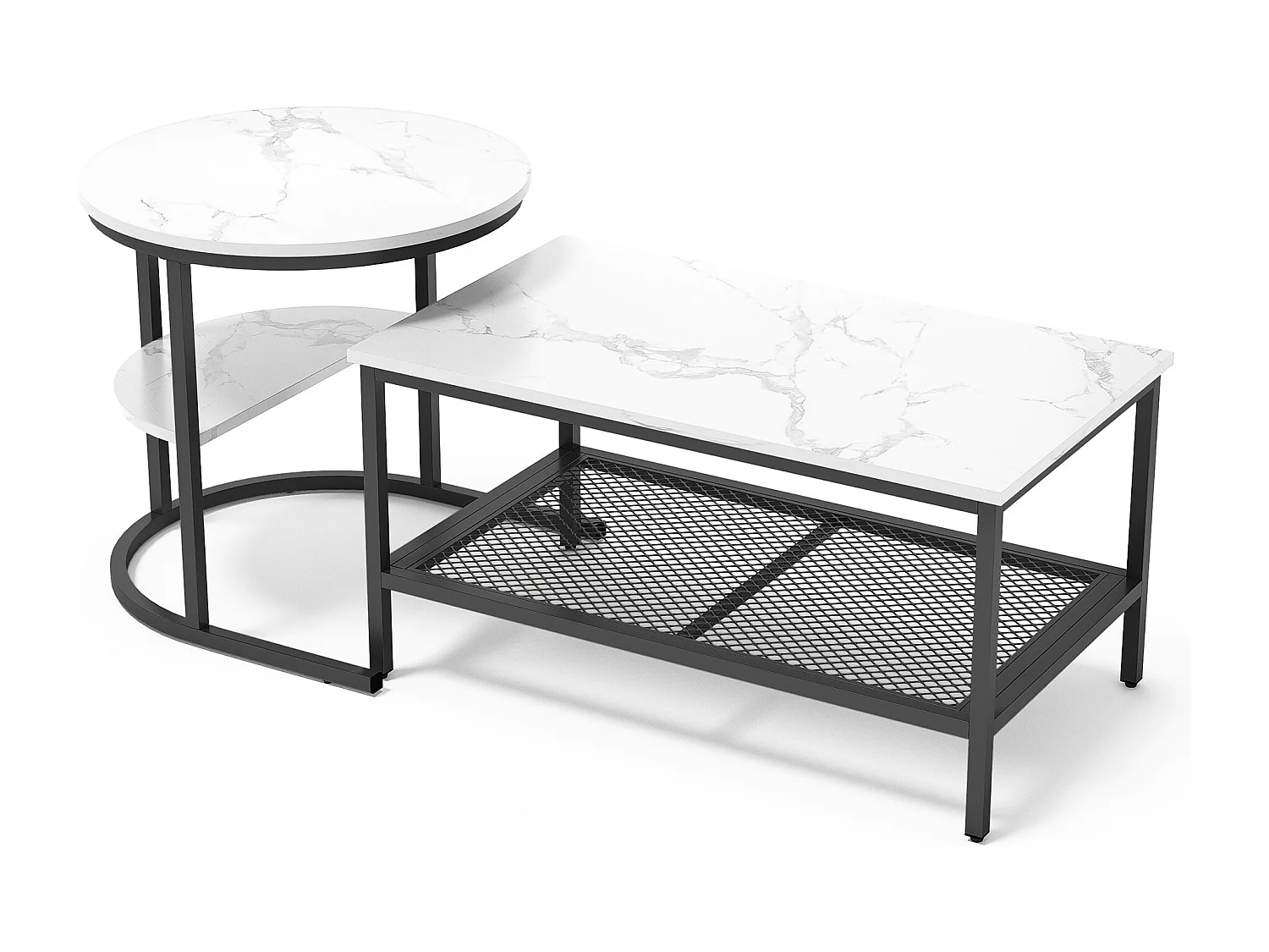 Lot de 2 tables basses gigognes - table d'appoint ronde et carrée - aspect marbre brillant - MDF et - métal - pour salon et chambre - Blanc + Noir