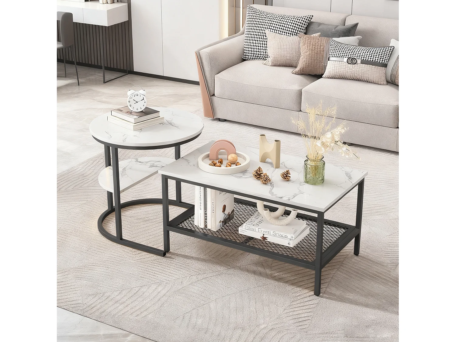 Lot de 2 tables basses gigognes - table d'appoint ronde et carrée - aspect marbre brillant - MDF et - métal - pour salon et chambre - Blanc + Noir