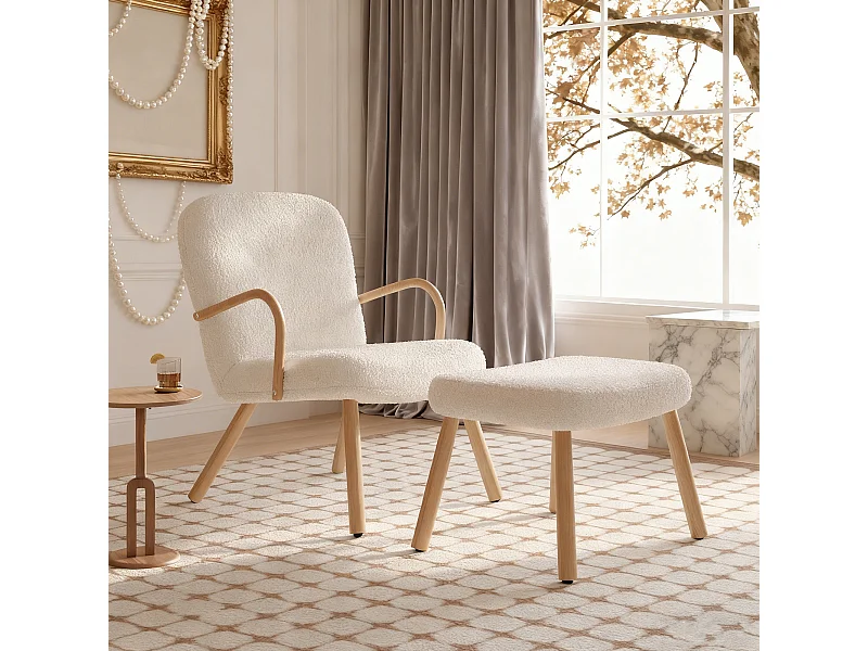 Fauteuil paresseux en tissu blanc crème Velours avec repose-pieds, style scandinave, fauteuil 82x67x64 cm - repose-pieds 41x60x44 cm