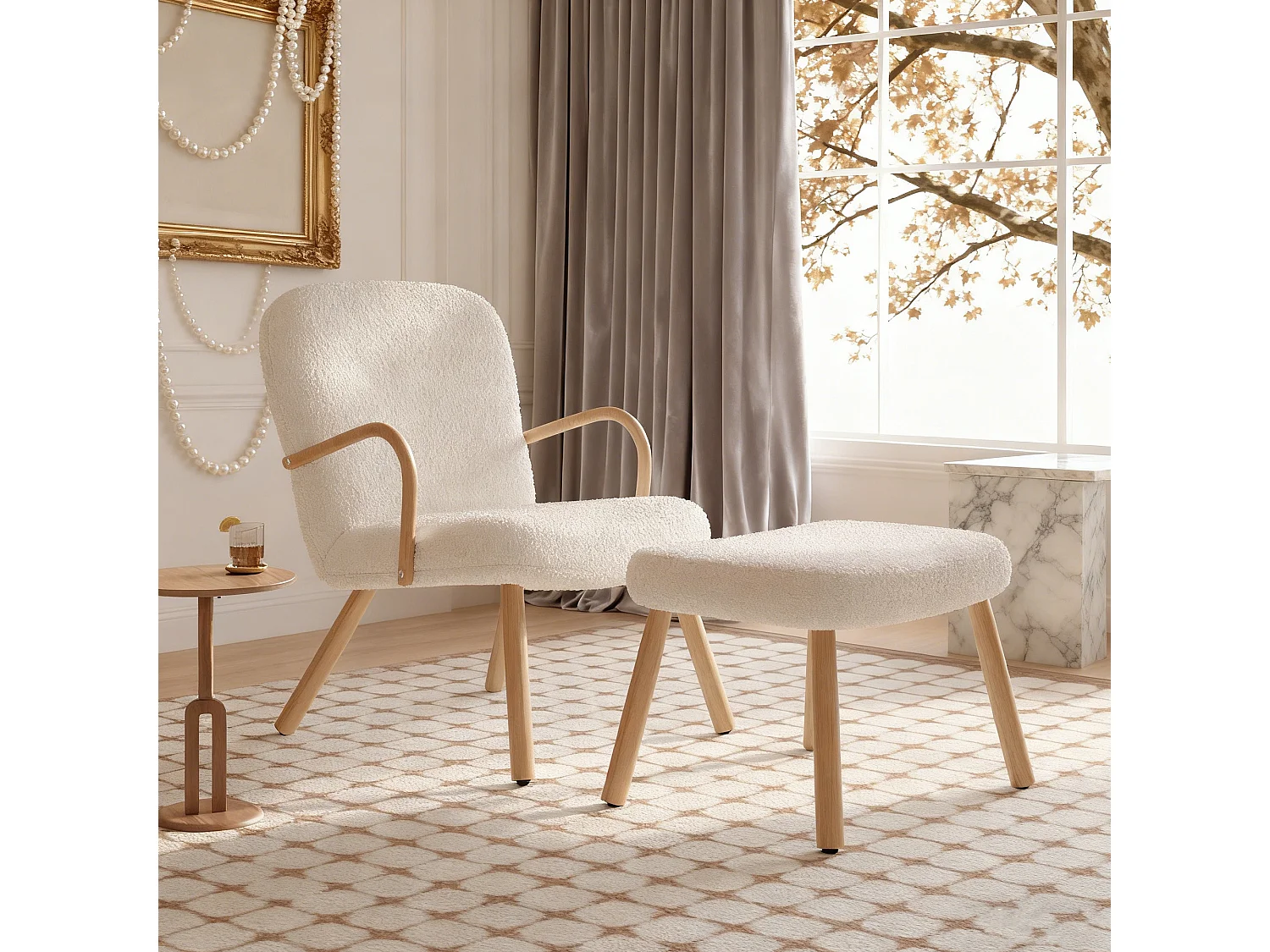 Fauteuil paresseux en tissu blanc crème Velours avec repose-pieds, style scandinave, fauteuil 82x67x64 cm - repose-pieds 41x60x44 cm