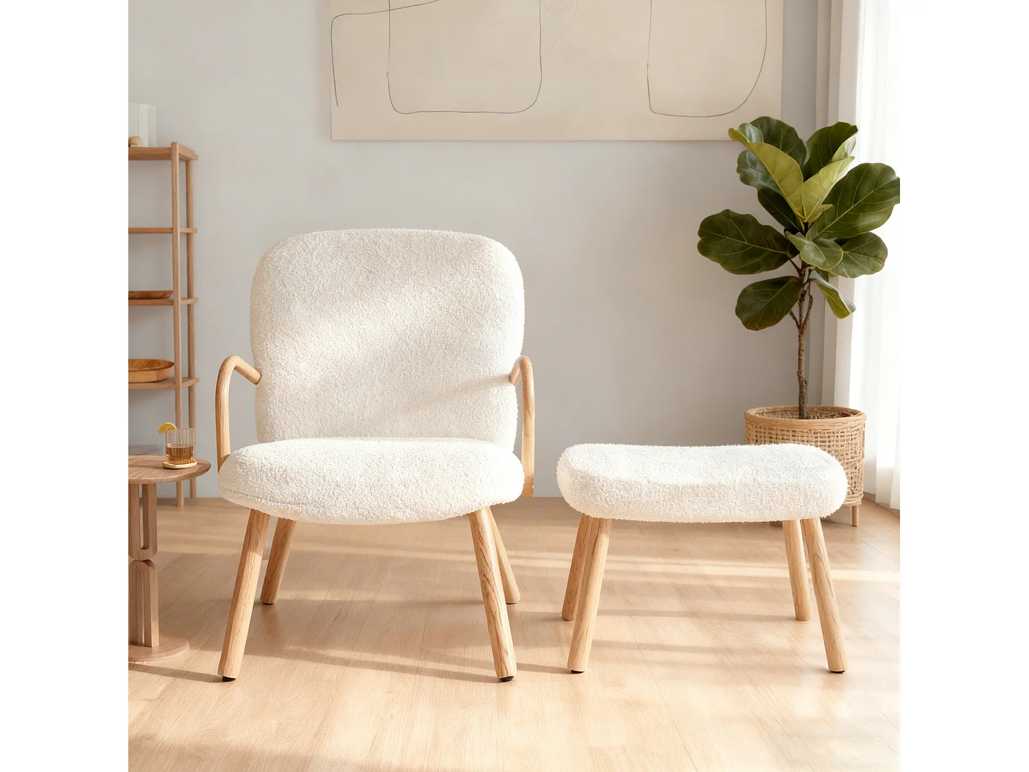Fauteuil paresseux en tissu blanc crème Velours avec repose-pieds, style scandinave, fauteuil 82x67x64 cm - repose-pieds 41x60x44 cm