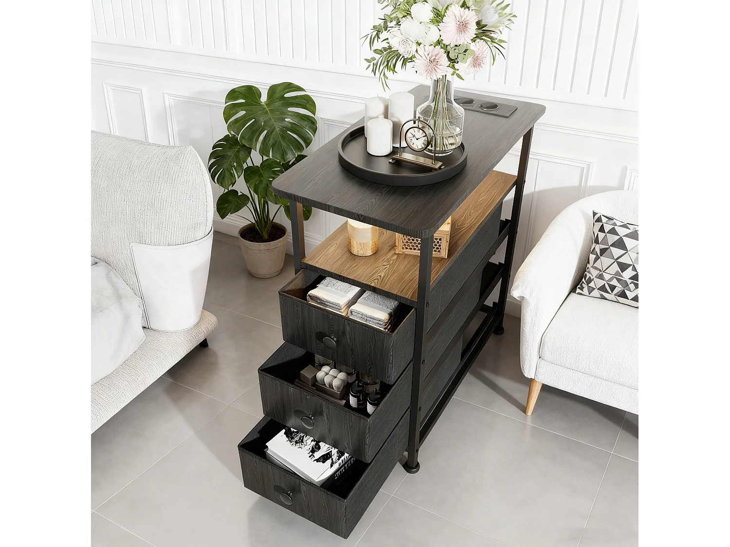 Table d'appoint carrée, table de chevet -Table d'appoint avec Éclairage LED et USB, 3 tiroir et 2 étagères, style moderne, pour salon chambre, noir