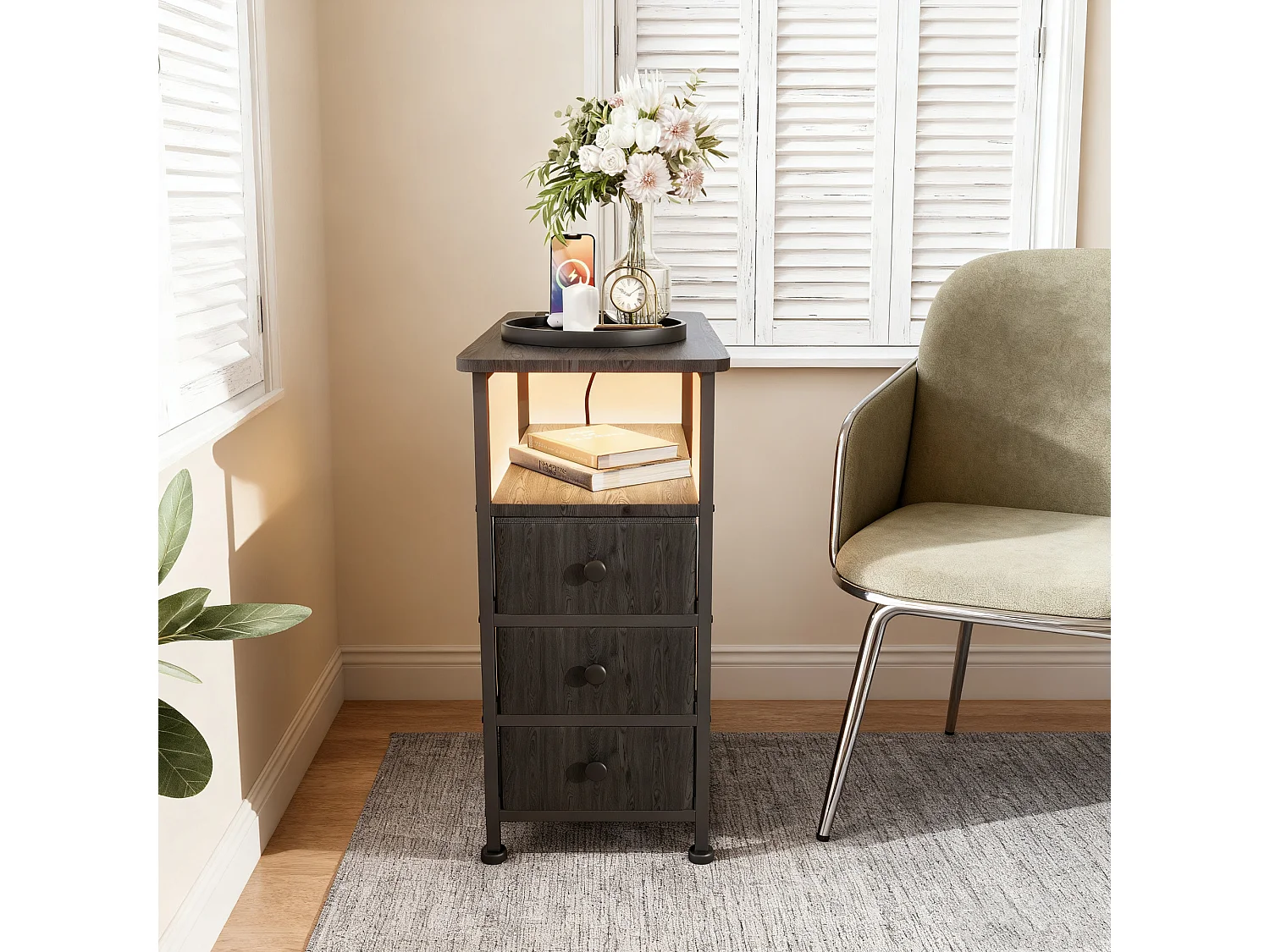 Table d'appoint carrée, table de chevet -Table d'appoint avec Éclairage LED et USB, 3 tiroir et 2 étagères, style moderne, pour salon chambre, noir