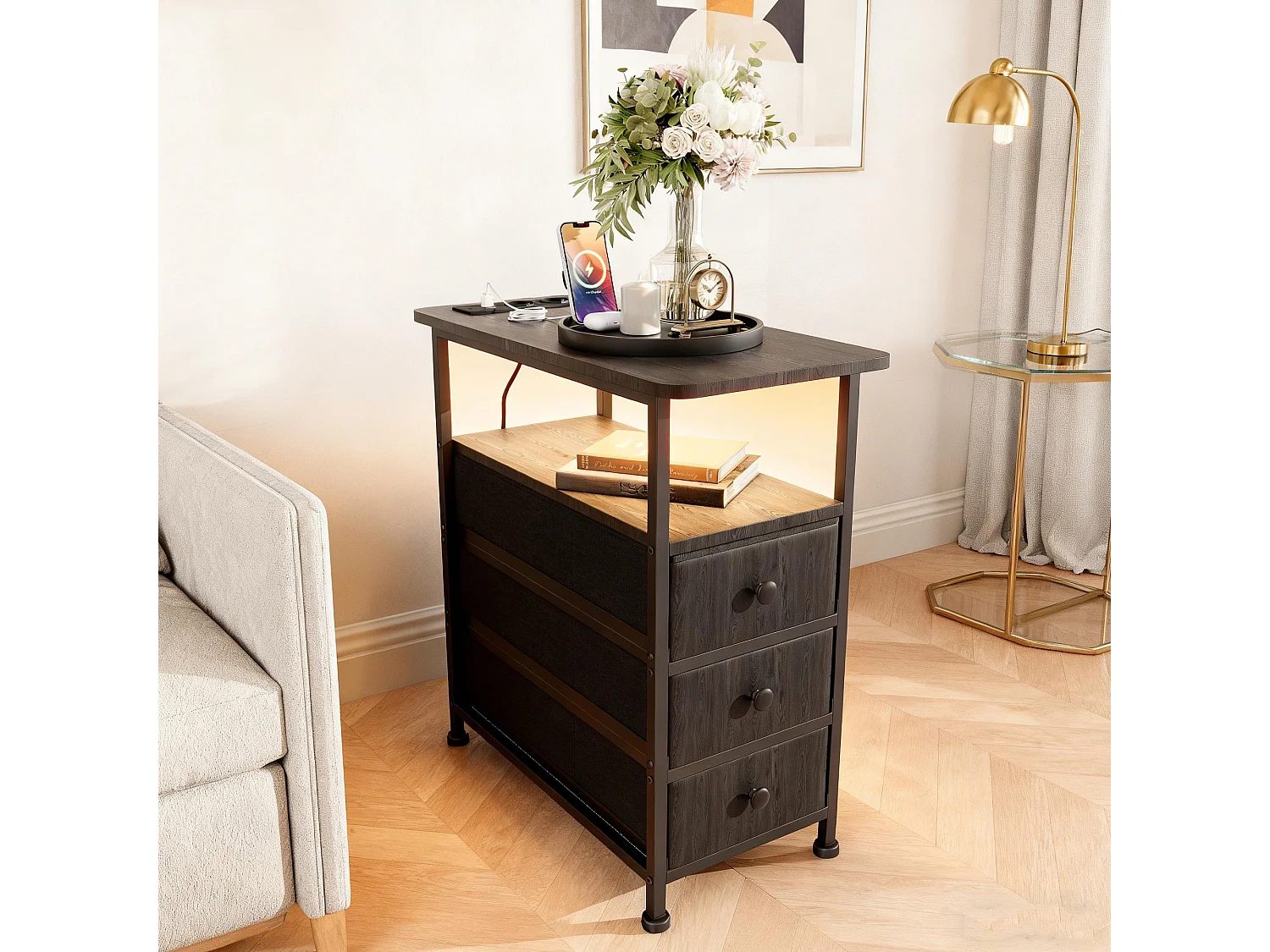 Table d'appoint carrée, table de chevet -Table d'appoint avec Éclairage LED et USB, 3 tiroir et 2 étagères, style moderne, pour salon chambre, noir
