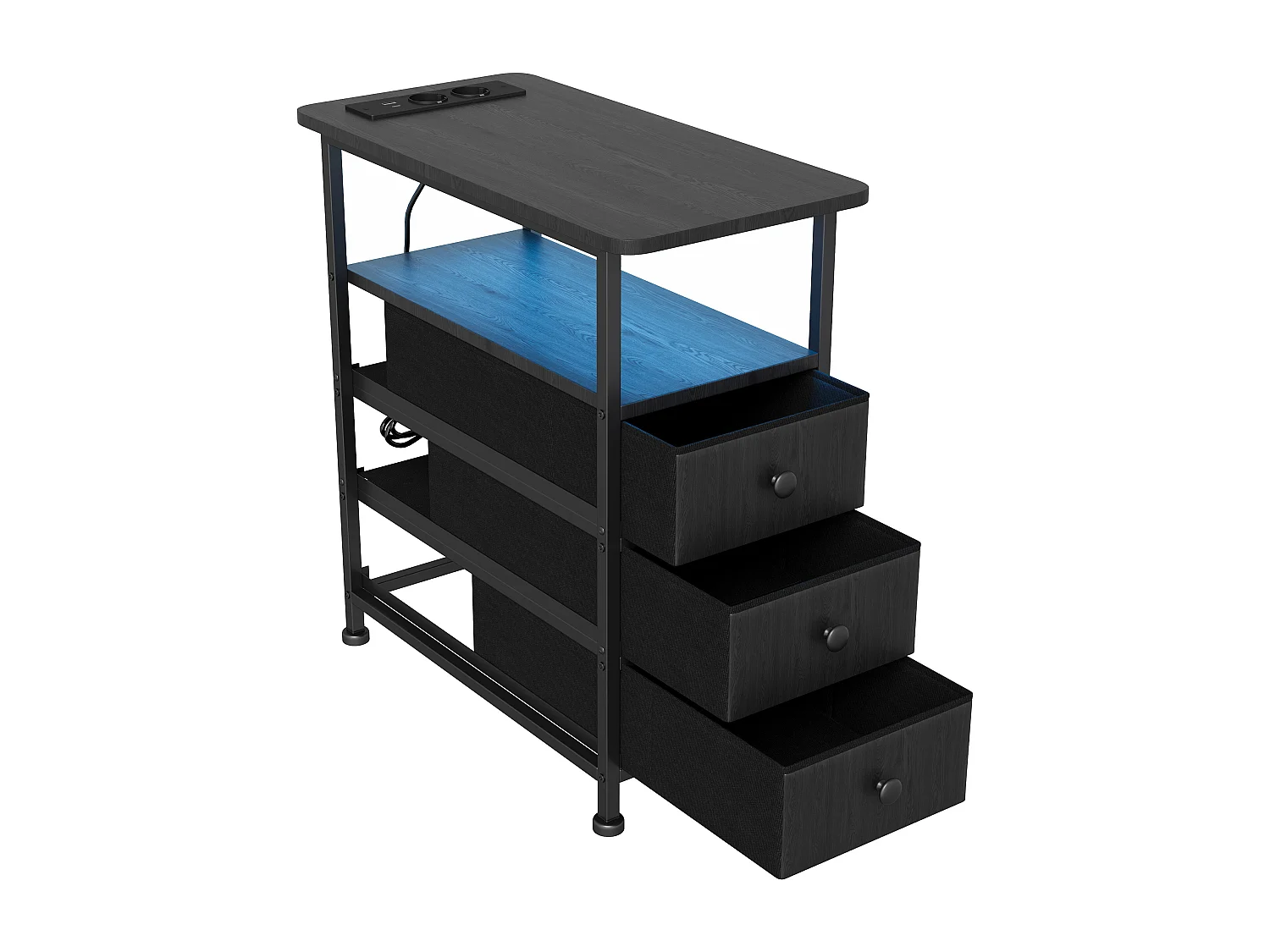 Table d'appoint carrée, table de chevet -Table d'appoint avec Éclairage LED et USB, 3 tiroir et 2 étagères, style moderne, pour salon chambre, noir