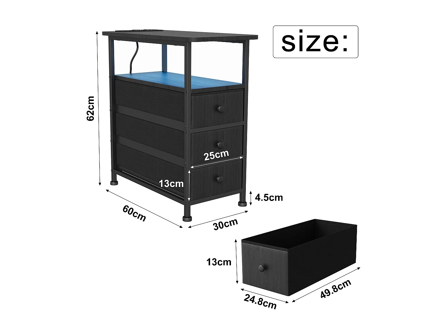 Table d'appoint carrée, table de chevet -Table d'appoint avec Éclairage LED et USB, 3 tiroir et 2 étagères, style moderne, pour salon chambre, noir