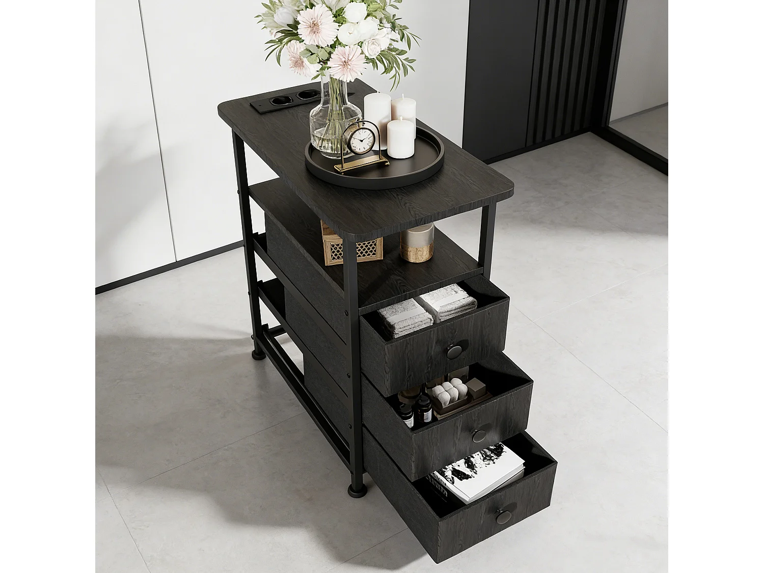 Table d'appoint carrée, table de chevet -Table d'appoint avec USB, 3 tiroir et 2 étagères, style moderne, pour salon chambre, noir