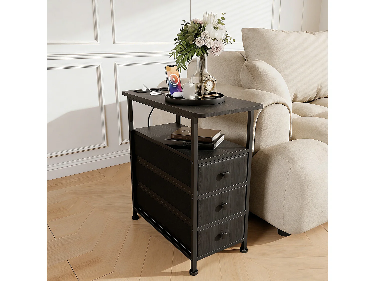 Table d'appoint carrée, table de chevet -Table d'appoint avec USB, 3 tiroir et 2 étagères, style moderne, pour salon chambre, noir