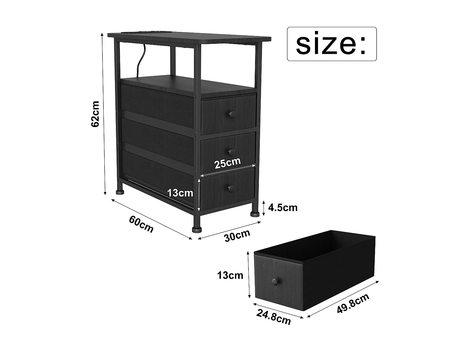 Table d'appoint carrée, table de chevet -Table d'appoint avec USB, 3 tiroir et 2 étagères, style moderne, pour salon chambre, noir