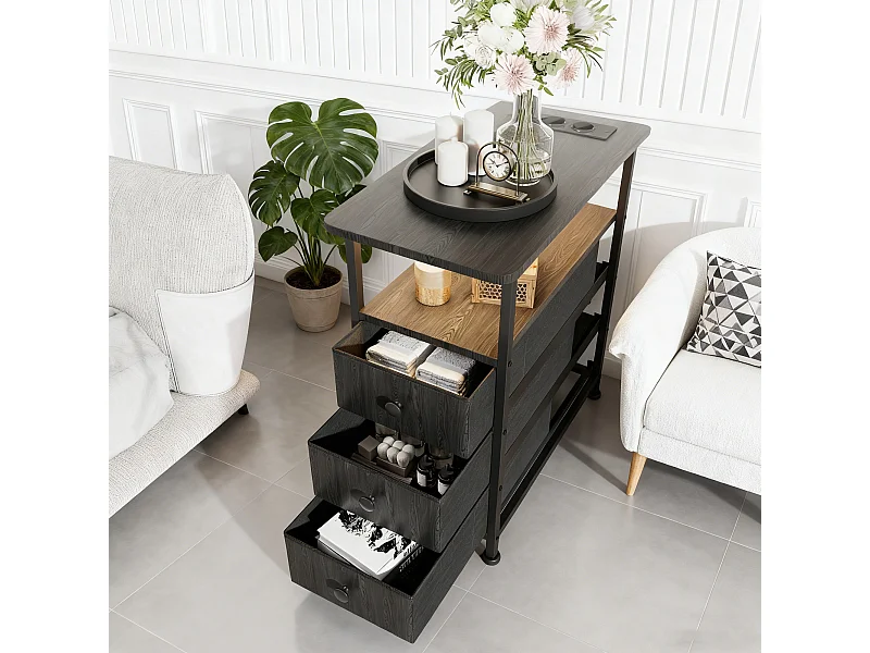 Table d'appoint carrée, table de chevet -Table d'appoint avec Éclairage LED et USB, 3 tiroir et 2 étagères, style moderne, pour salon chambre, noir