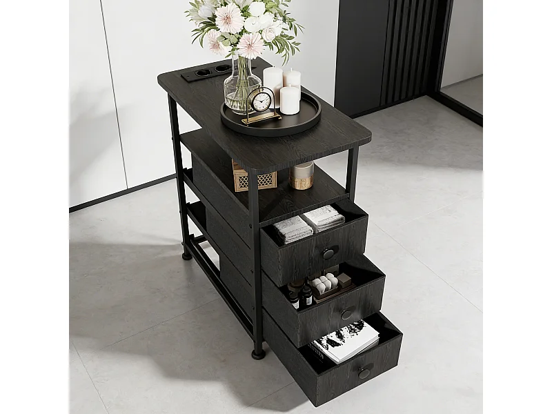 Table d'appoint carrée, table de chevet -Table d'appoint avec USB, 3 tiroir et 2 étagères, style moderne, pour salon chambre, noir