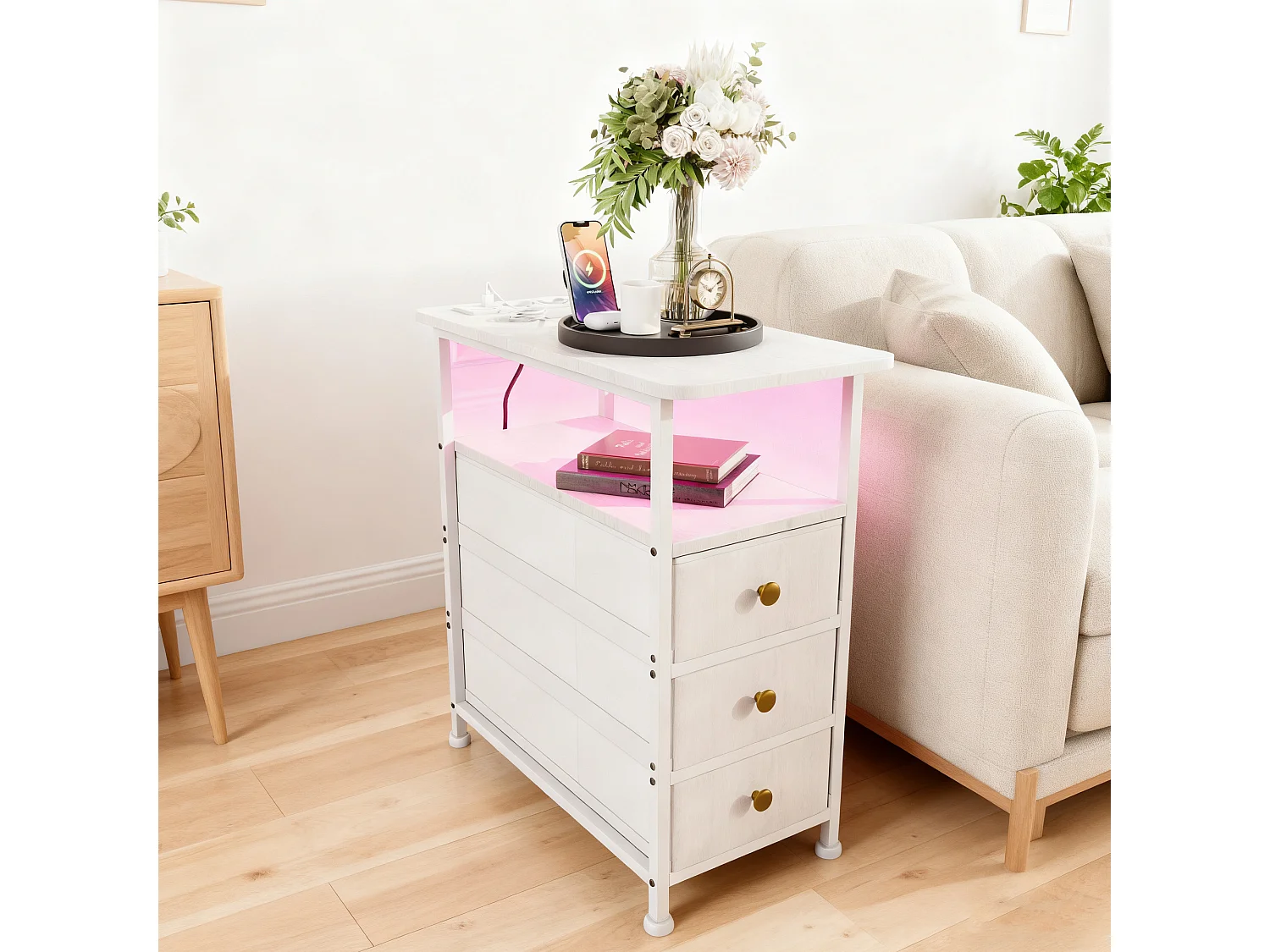 Table d'appoint carrée, table de chevet -Table d'appoint avec Éclairage LED et USB, 3 tiroir et 2 étagères, style moderne, 62x60x30 cm, blanc