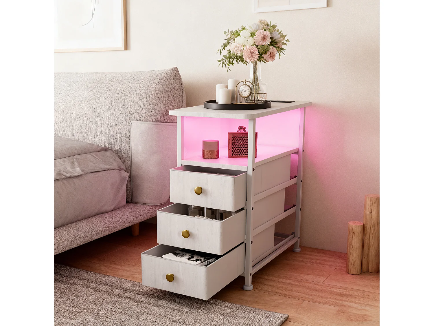 Table d'appoint carrée, table de chevet -Table d'appoint avec Éclairage LED et USB, 3 tiroir et 2 étagères, style moderne, 62x60x30 cm, blanc