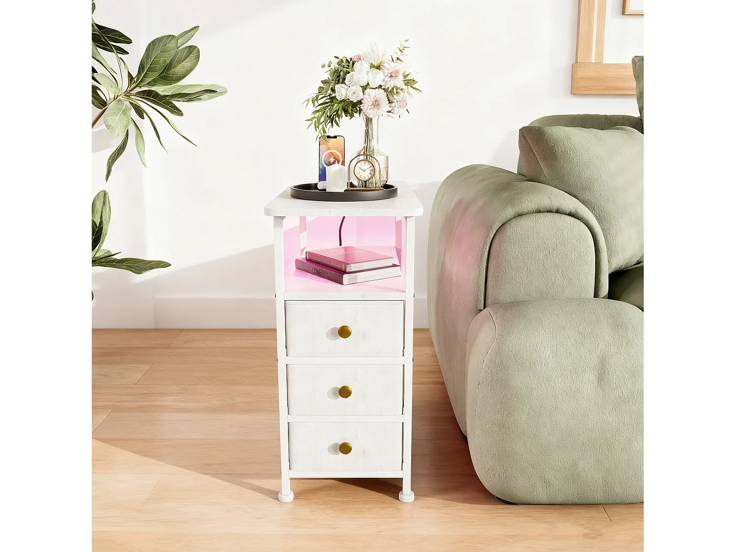 Table d'appoint carrée, table de chevet -Table d'appoint avec Éclairage LED et USB, 3 tiroir et 2 étagères, style moderne, 62x60x30 cm, blanc