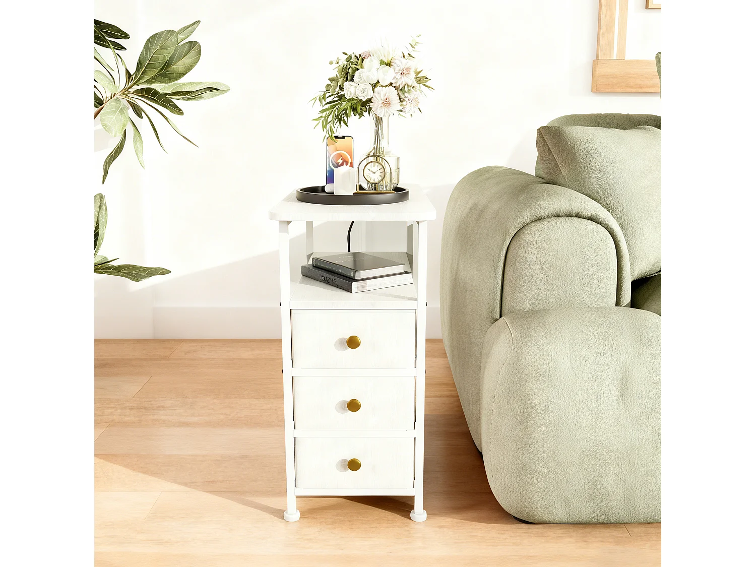 Table d'appoint carrée, table de chevet -Table d'appoint avec USB, 3 tiroir et 2 étagères, style moderne, 62x60x30 cm, blanc