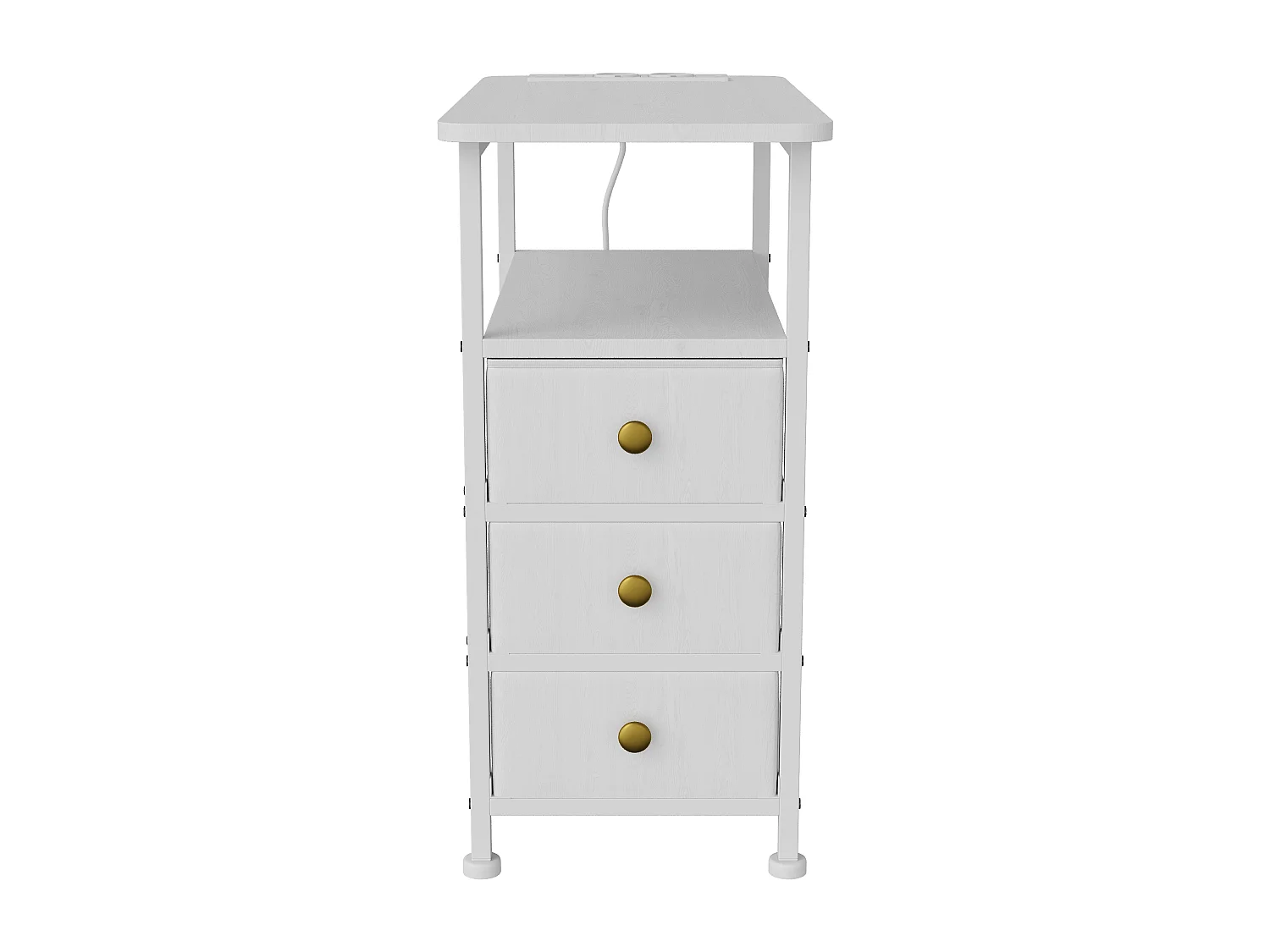 Table d'appoint carrée, table de chevet -Table d'appoint avec USB, 3 tiroir et 2 étagères, style moderne, 62x60x30 cm, blanc