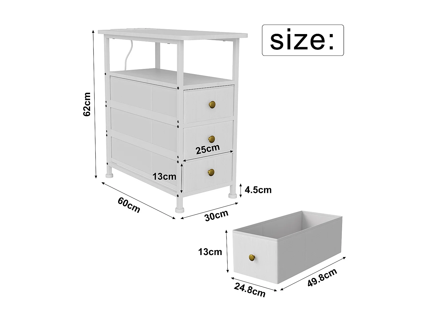Table d'appoint carrée, table de chevet -Table d'appoint avec USB, 3 tiroir et 2 étagères, style moderne, 62x60x30 cm, blanc