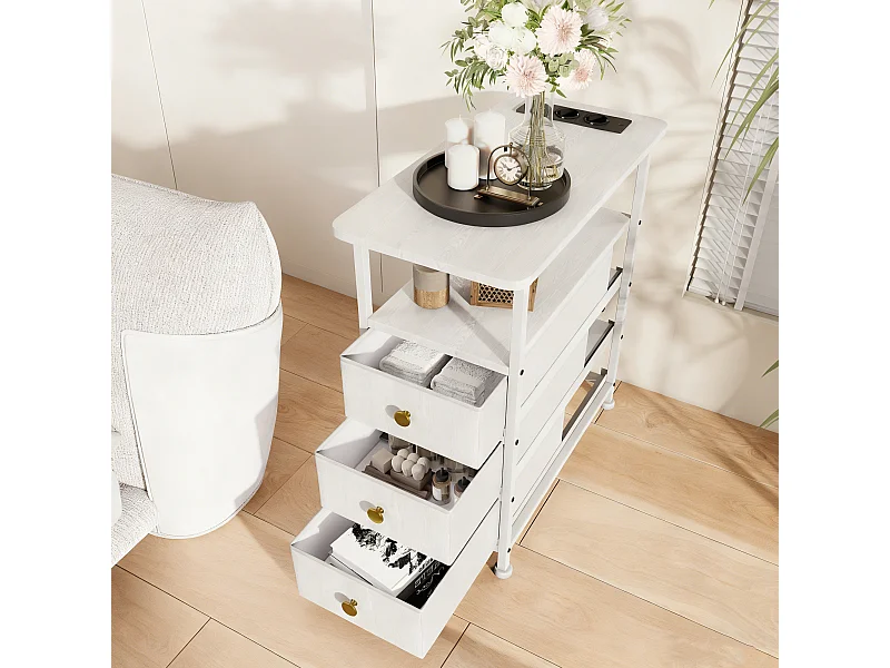 Table d'appoint carrée, table de chevet -Table d'appoint avec USB, 3 tiroir et 2 étagères, style moderne, 62x60x30 cm, blanc