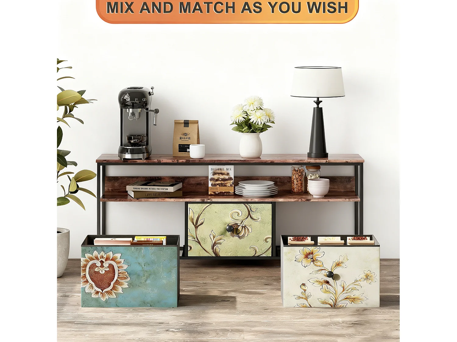 Meuble TV 3 tiroirs en tissu imprimé coloré et 2 étagère en grain de bois, buffet avec LED en MDF, cadre en fer, 137 x 29 x 57 cm, marron