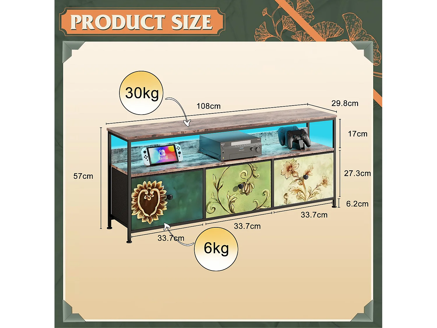 Meuble TV 3 tiroirs en tissu imprimé coloré et 2 étagère en grain de bois, buffet avec LED en MDF, cadre en fer, 137 x 29 x 57 cm, marron