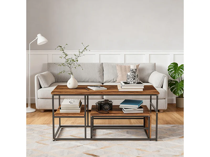 Lot de 2 tables basses gigognes en forme carrée - effet boir -  Bois MDF et pieds en métal - Noir + Brun