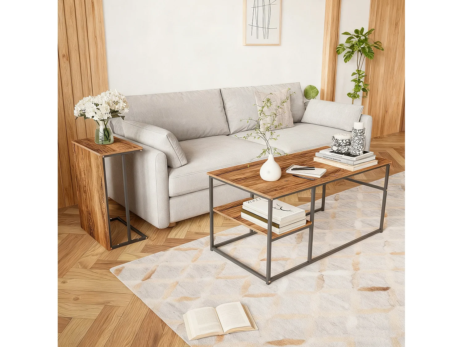 Lot de 2 tables basses gigognes en forme carrée - effet boir -  Bois MDF et pieds en métal - Noir + Brun