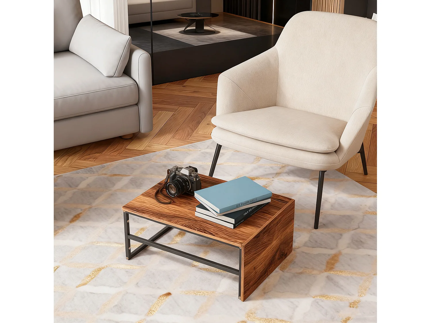 Lot de 2 tables basses gigognes en forme carrée - effet boir -  Bois MDF et pieds en métal - Noir + Brun