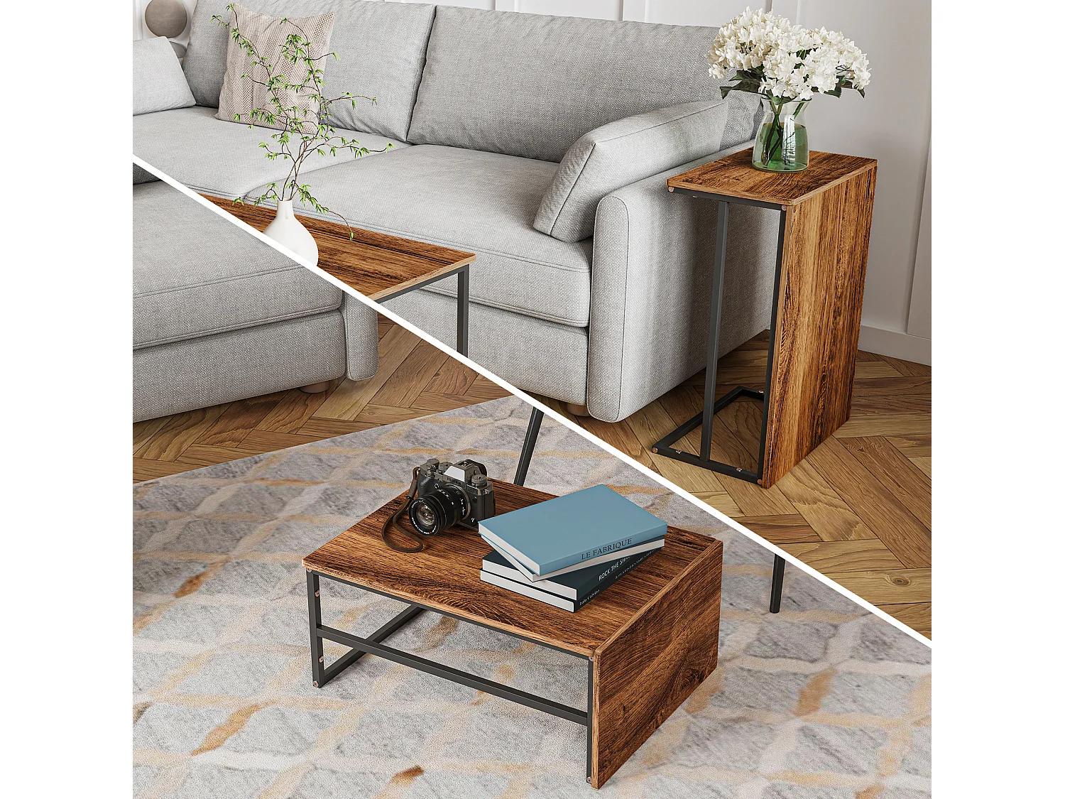 Lot de 2 tables basses gigognes en forme carrée - effet boir -  Bois MDF et pieds en métal - Noir + Brun