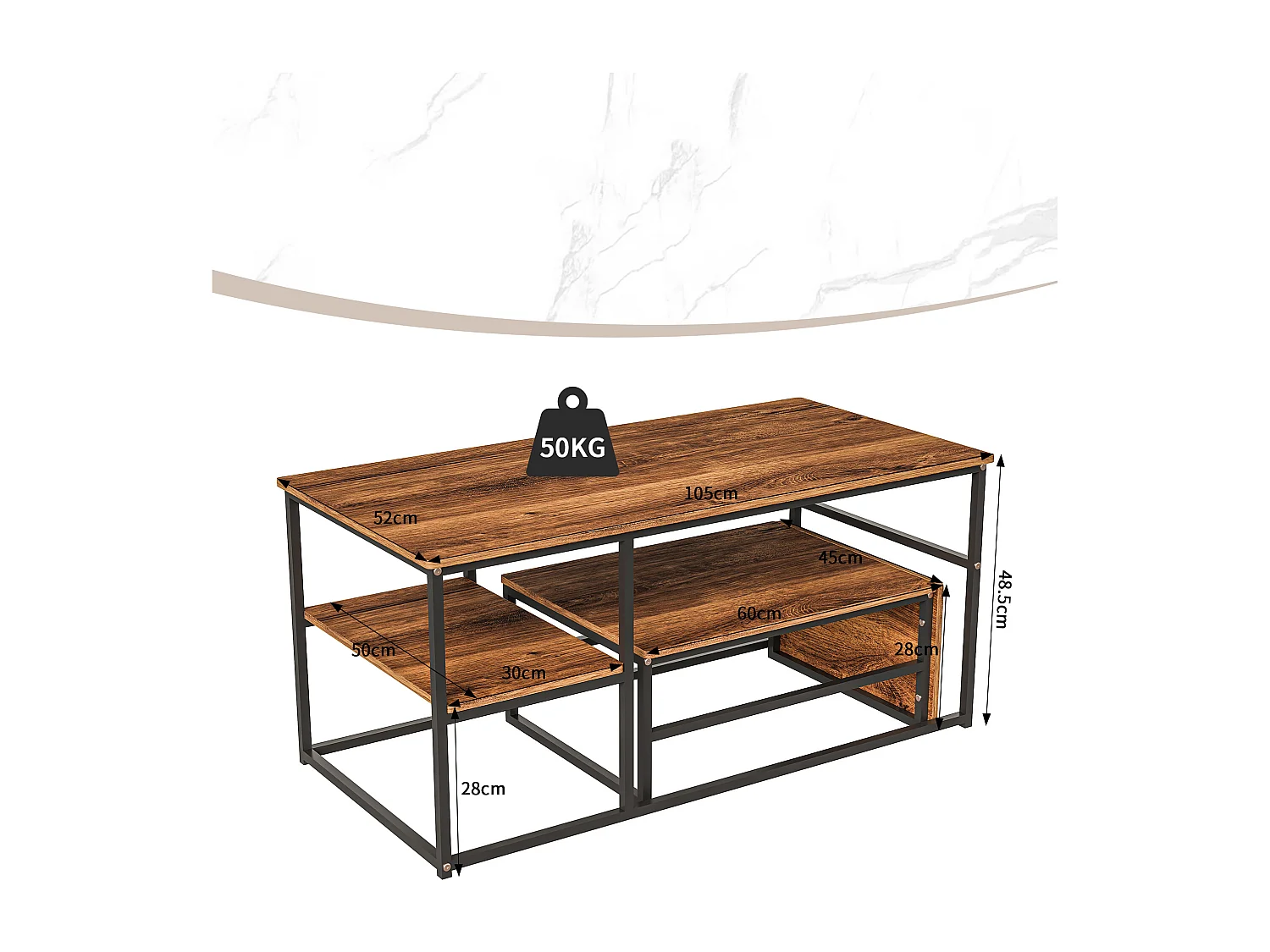 Lot de 2 tables basses gigognes en forme carrée - effet boir -  Bois MDF et pieds en métal - Noir + Brun