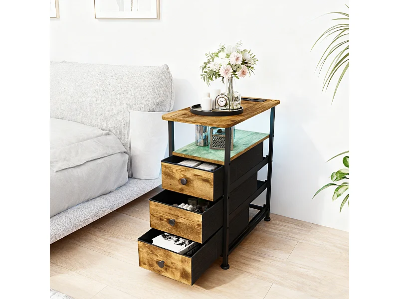 Table d'appoint carrée, table de chevet -Table d'appoint avec Éclairage LED et USB, 3 tiroir et 2 étagères, Style Industriel, pour salon chambre, Brun