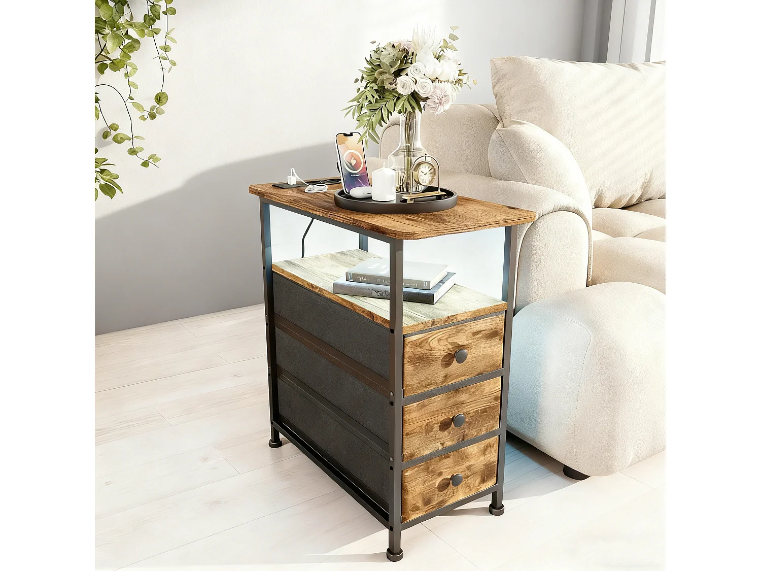 Table d'appoint carrée, table de chevet -Table d'appoint avec Éclairage LED et USB, 3 tiroir et 2 étagères, Style Industriel, pour salon chambre, Brun