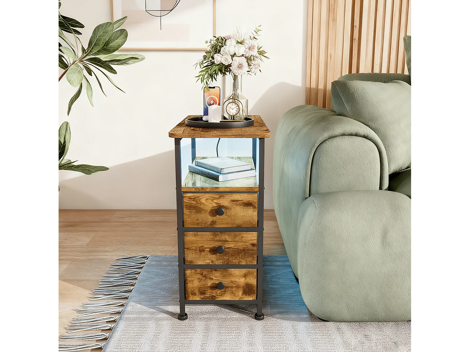 Table d'appoint carrée, table de chevet -Table d'appoint avec Éclairage LED et USB, 3 tiroir et 2 étagères, Style Industriel, pour salon chambre, Brun