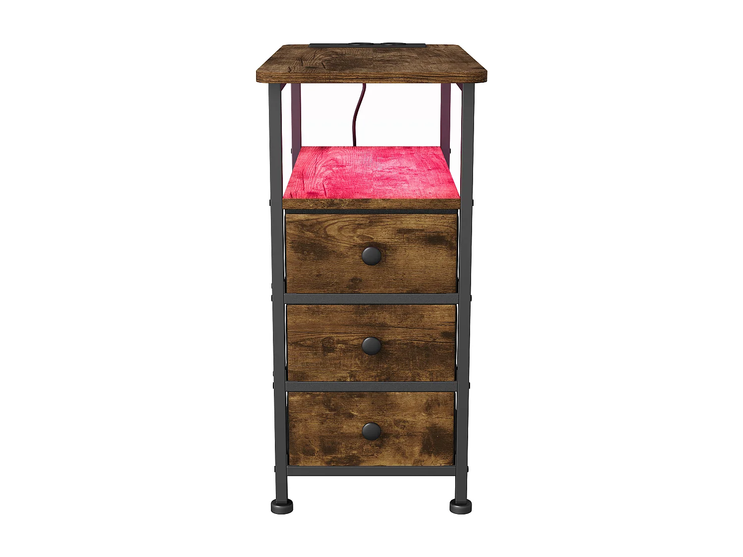 Table d'appoint carrée, table de chevet -Table d'appoint avec Éclairage LED et USB, 3 tiroir et 2 étagères, Style Industriel, pour salon chambre, Brun