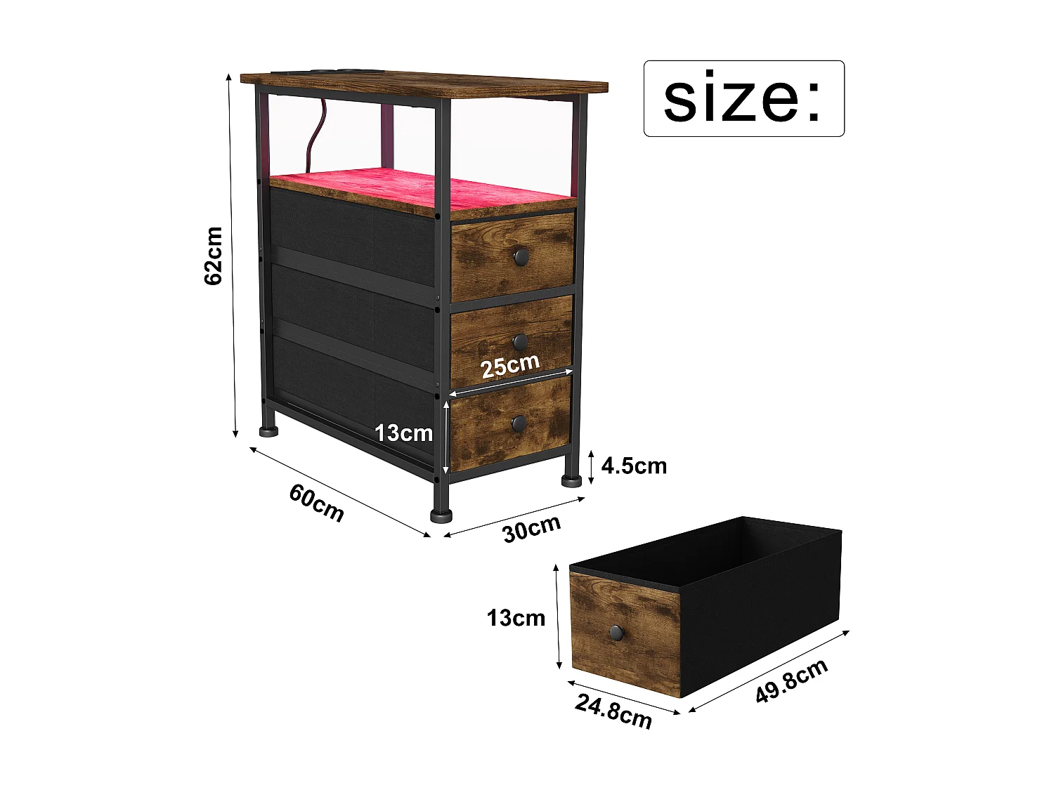 Table d'appoint carrée, table de chevet -Table d'appoint avec Éclairage LED et USB, 3 tiroir et 2 étagères, Style Industriel, pour salon chambre, Brun