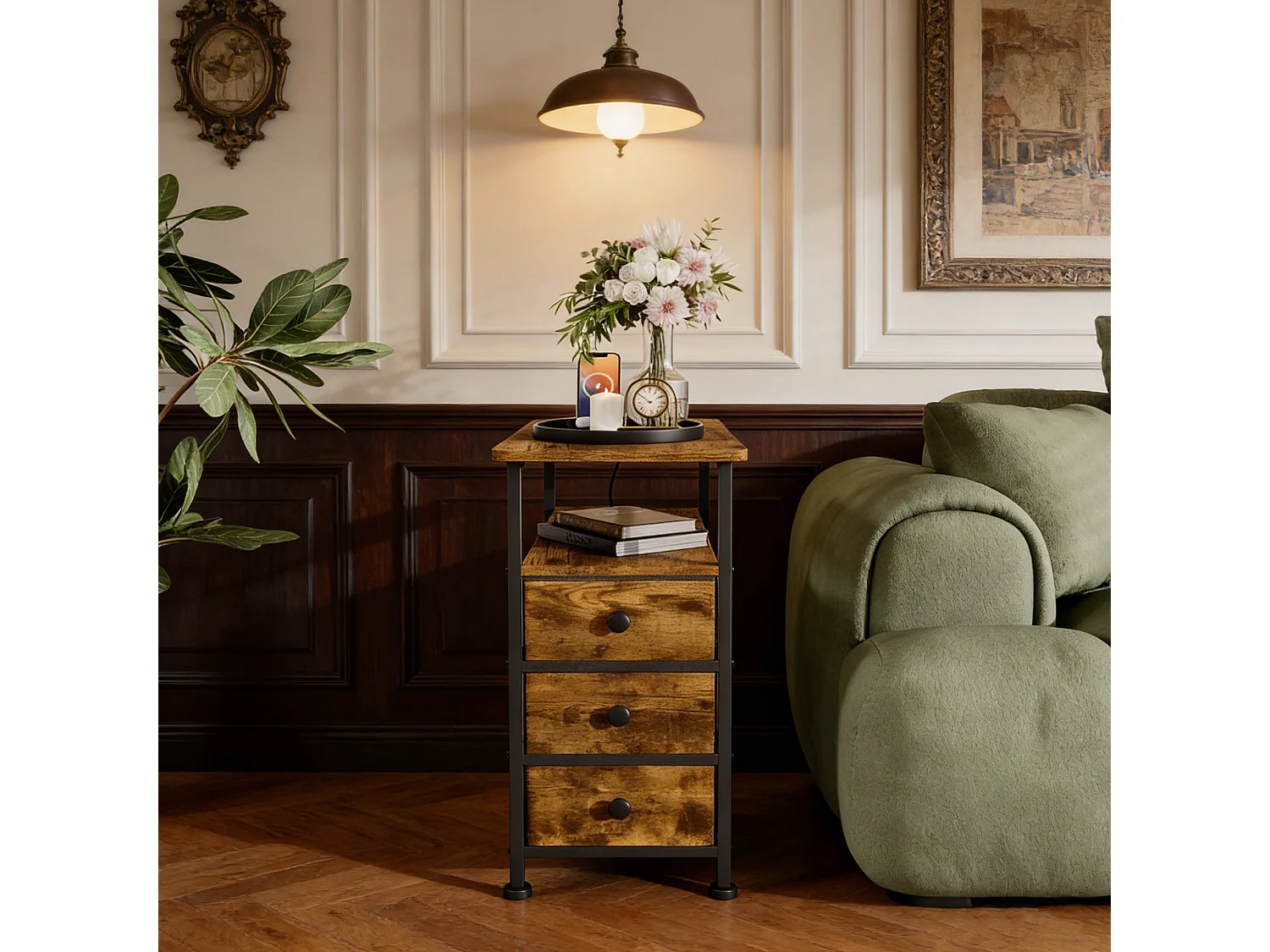 Table d'appoint carrée, table de chevet -Table d'appoint avec USB, 3 tiroir et 2 étagères, Style Industriel, pour salon chambre, Brun