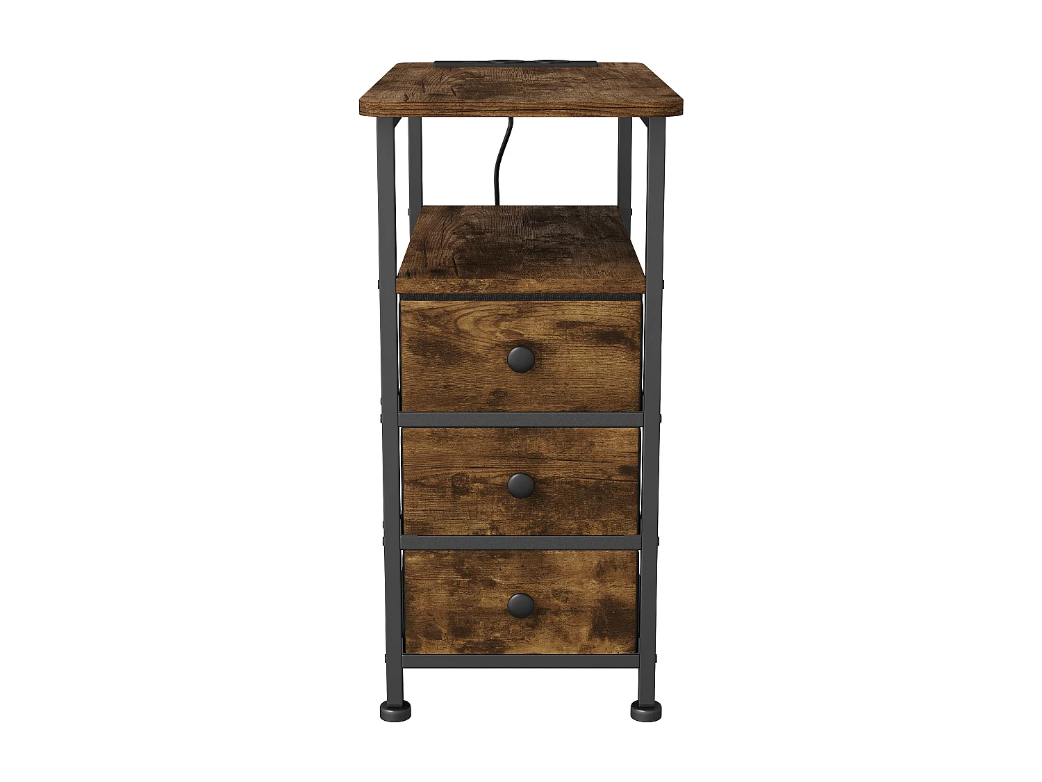 Table d'appoint carrée, table de chevet -Table d'appoint avec USB, 3 tiroir et 2 étagères, Style Industriel, pour salon chambre, Brun