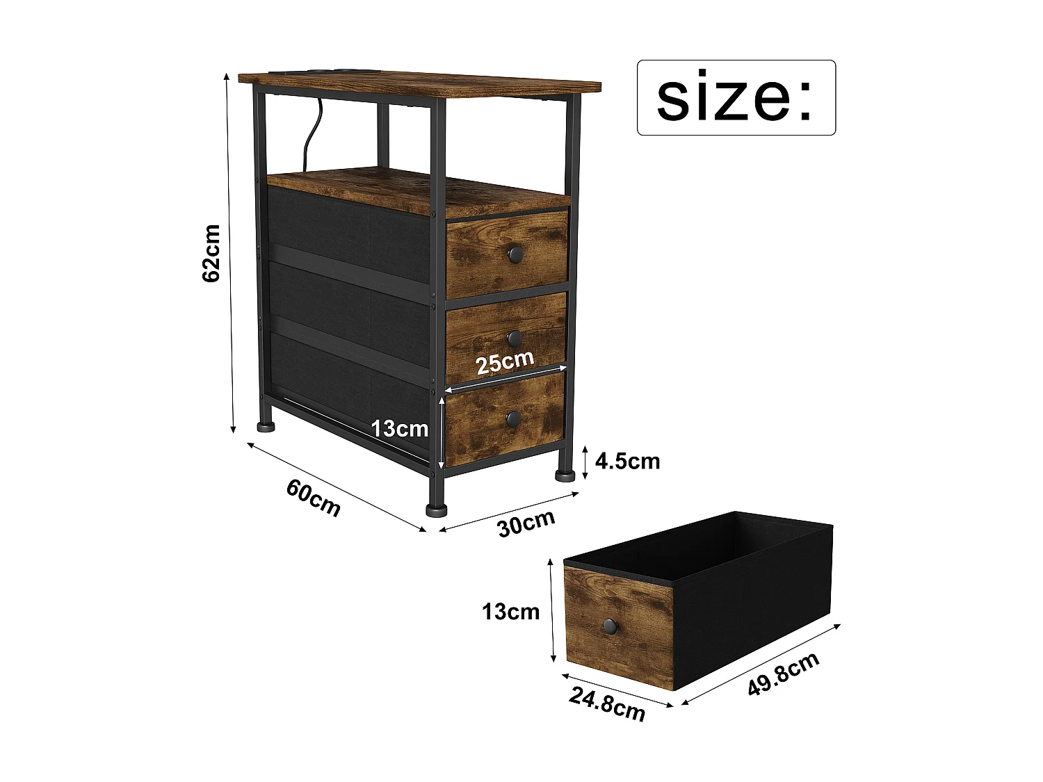Table d'appoint carrée, table de chevet -Table d'appoint avec USB, 3 tiroir et 2 étagères, Style Industriel, pour salon chambre, Brun
