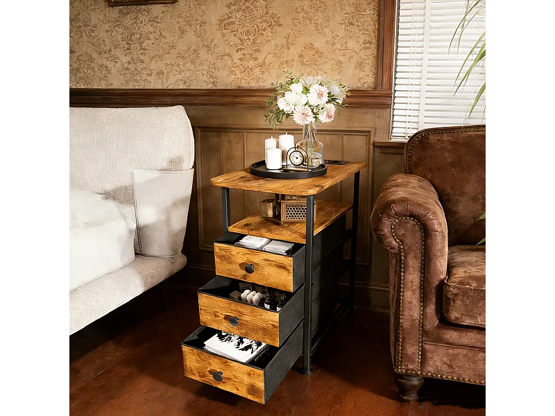 Table d'appoint carrée, table de chevet -Table d'appoint avec USB, 3 tiroir et 2 étagères, Style Industriel, pour salon chambre, Brun