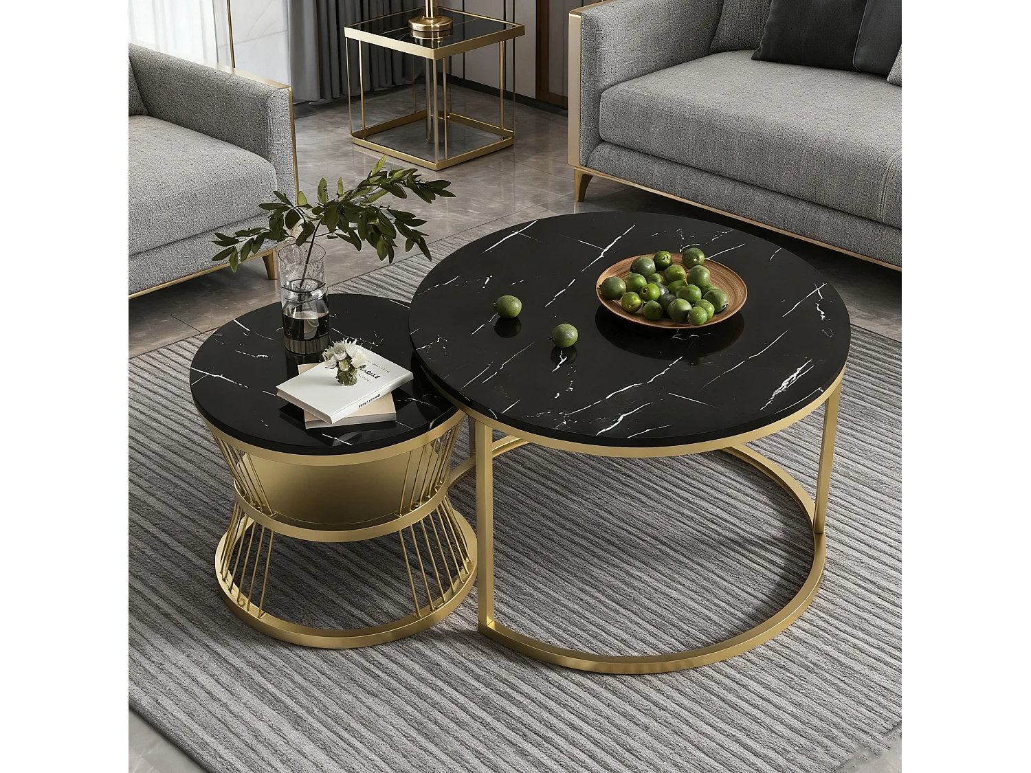 Tables basses gigognes - bois MDF et métal - tables d'appoint rondes  - Marbre blanc et métal doré - style industriel