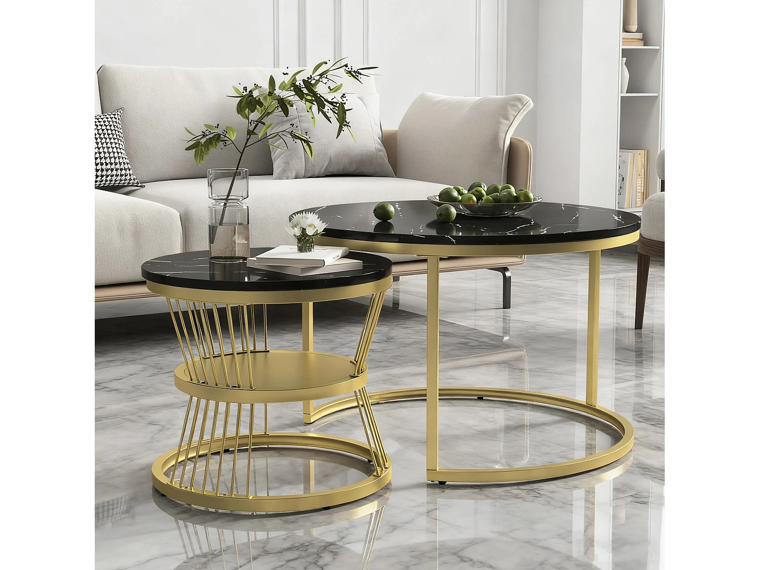 Tables basses gigognes - bois MDF et métal - tables d'appoint rondes  - Marbre blanc et métal doré - style industriel