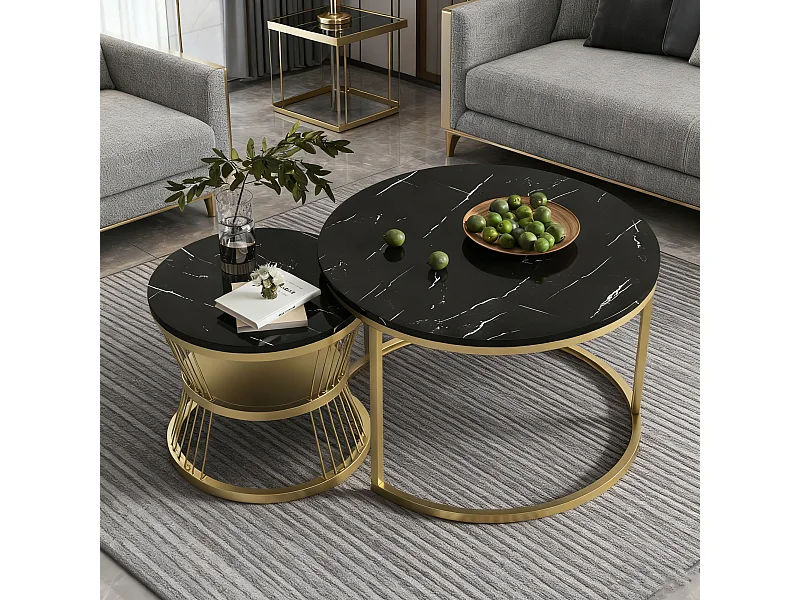 Tables basses gigognes - bois MDF et métal - tables d'appoint rondes  - Marbre blanc et métal doré - style industriel