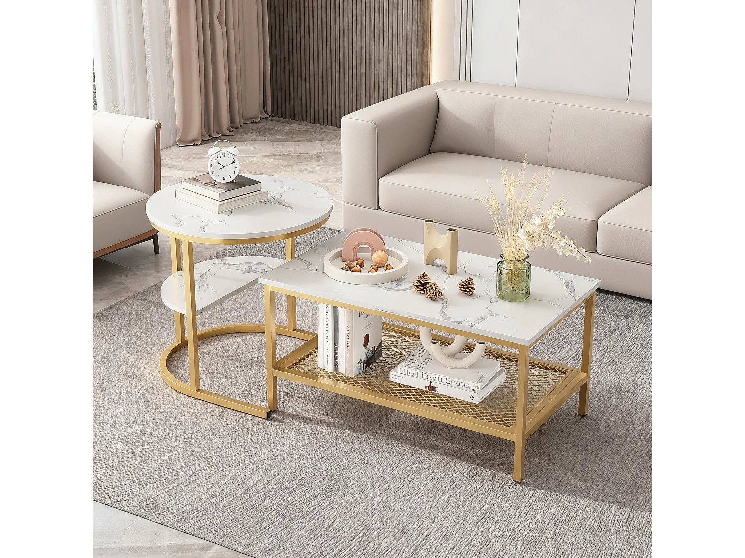 Lot de 2 tables basses gigognes - table d'appoint ronde et carrée - aspect marbre brillant - MDF et - métal - pour salon et chambre - Blanc + Doré