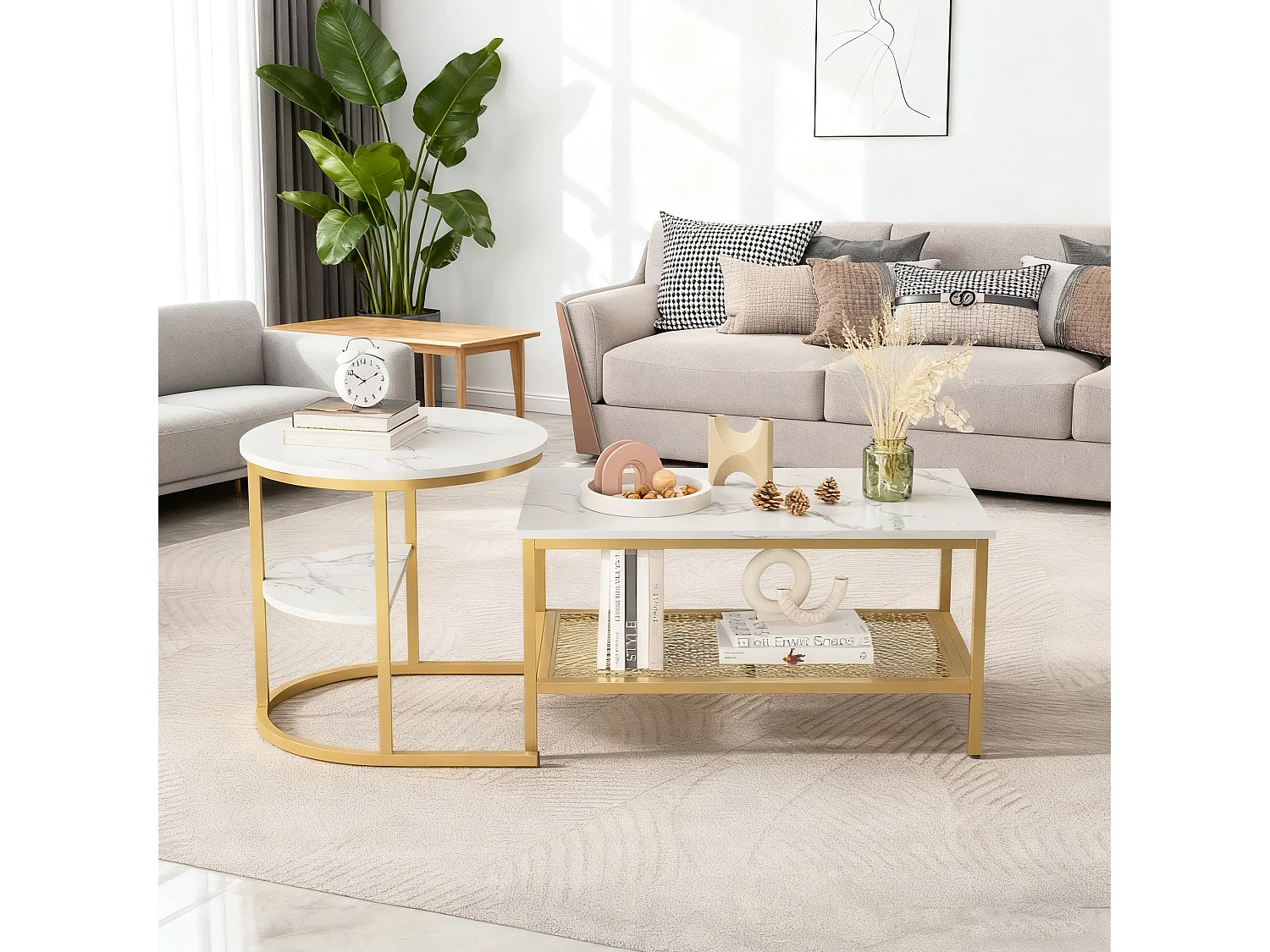 Lot de 2 tables basses gigognes - table d'appoint ronde et carrée - aspect marbre brillant - MDF et - métal - pour salon et chambre - Blanc + Doré