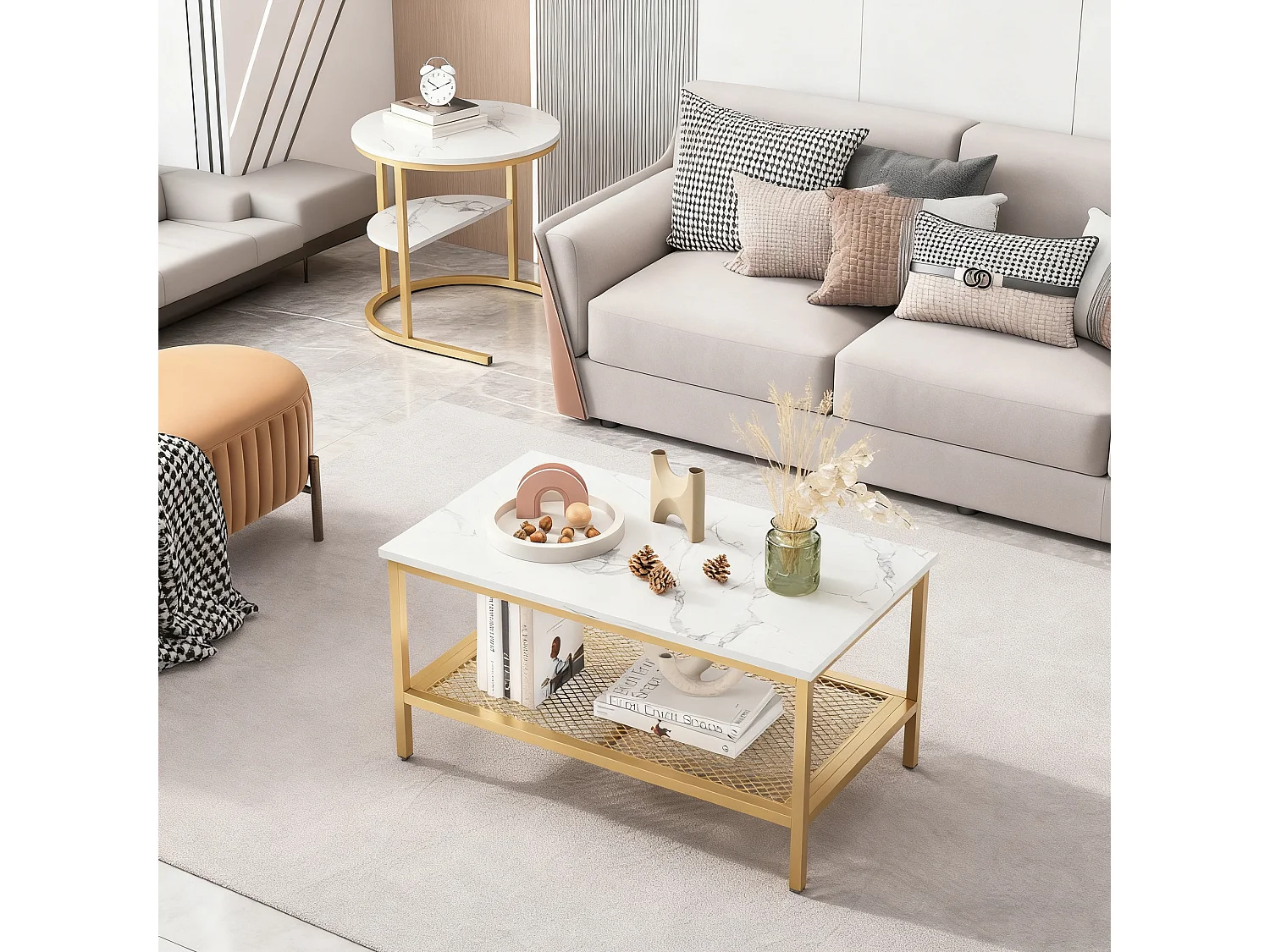 Lot de 2 tables basses gigognes - table d'appoint ronde et carrée - aspect marbre brillant - MDF et - métal - pour salon et chambre - Blanc + Doré