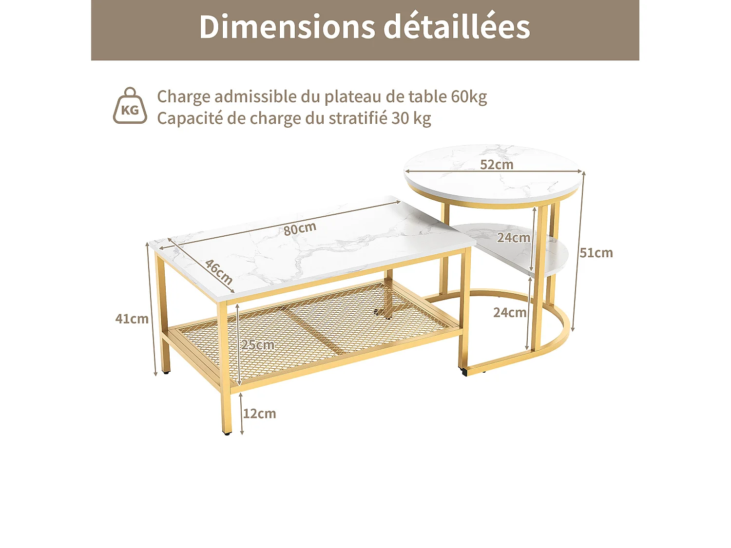 Lot de 2 tables basses gigognes - table d'appoint ronde et carrée - aspect marbre brillant - MDF et - métal - pour salon et chambre - Blanc + Doré