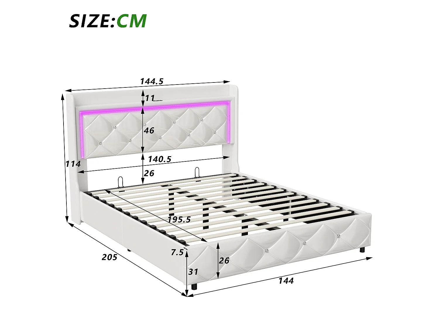 Lit coffre 140 x 190 cm avec sommier à lattes – Système LED et revêtement en PU blanc – NEXU
