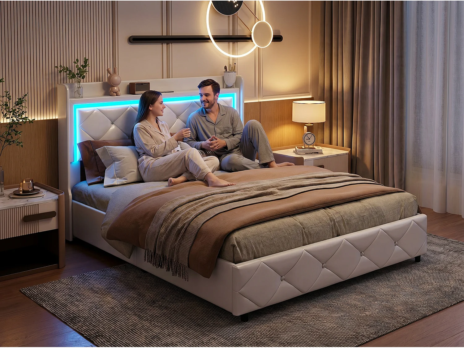 Lit Coffre 140x200 cm, Lit Double  avec  LED, Prises USB/Type-C, Rangement Hydraulique, Lit adulte avec sommier à lattes, Blanc