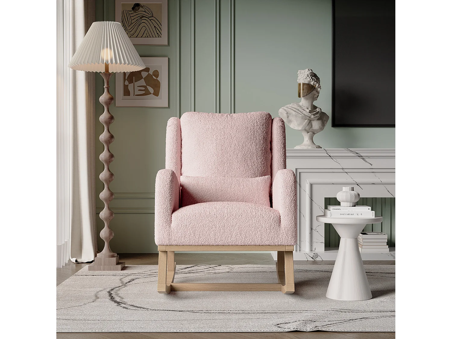Fauteuil à bascule en Tissu velours Teddy - fauteuil de relaxation - avec 2 poches latérales et pieds en bois - style scandinave - rose